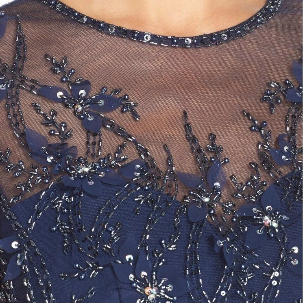 NWT JS Collections [ 0 or 2 ] Embellished Mesh & Chiffon‎ Gown in Navy Blue